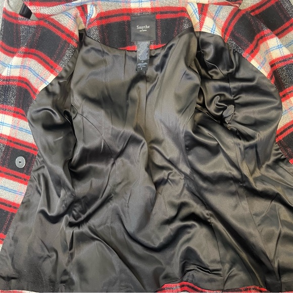 SMYTHE $800 Wool Blend Plaid Pea Coat in Red/Black Size 2 Gold Button Front - Picture 8 of 8